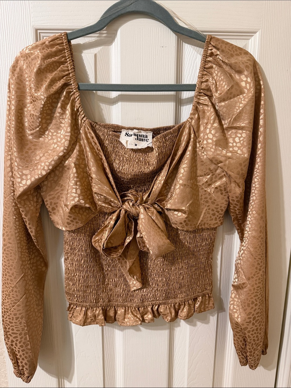 NWT Savannah Jane Gold Satin Jacquard Smocked Bow Front Top Size M